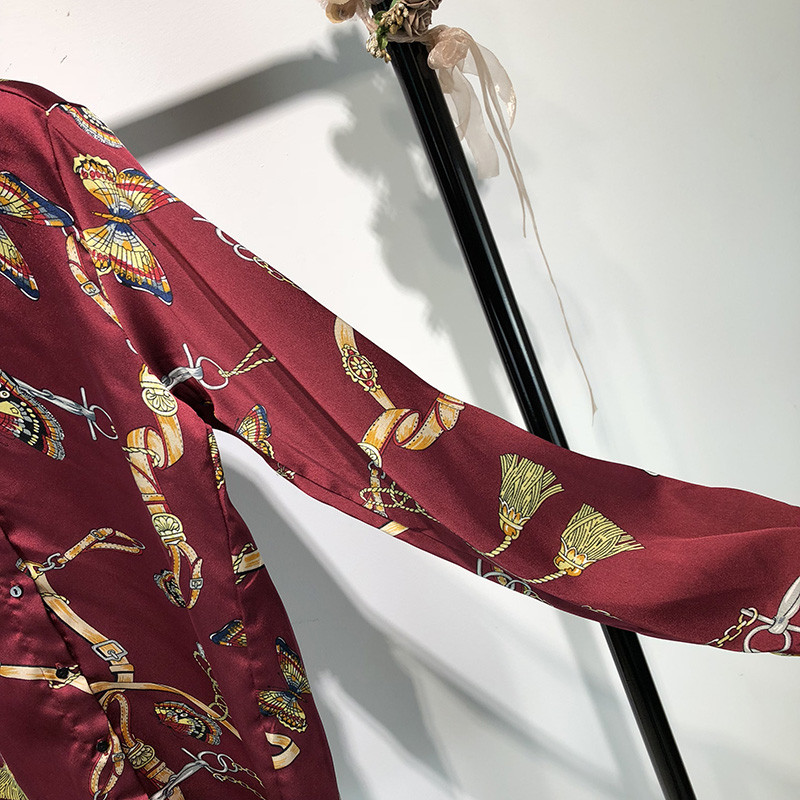 Νέα ευρωπαϊκή μόδα γυναικεία φαρδιά γυριστή γιακά με μακρύ μανίκι αλυσίδες πεταλούδας με στάμπα υφασμάτινο πουκάμισο μπλούζα oversize τοπ