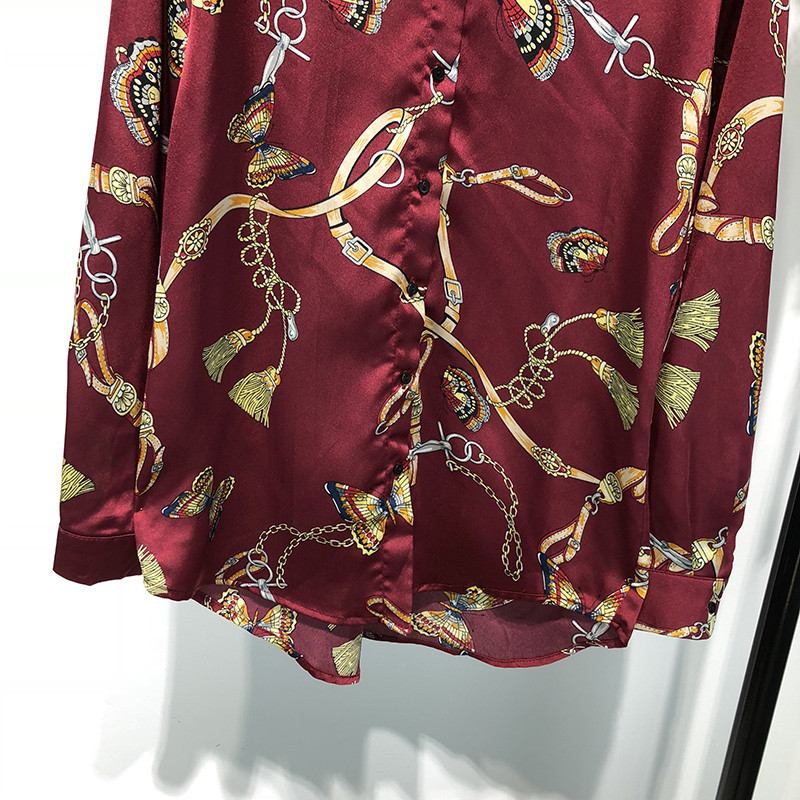 Νέα ευρωπαϊκή μόδα γυναικεία φαρδιά γυριστή γιακά με μακρύ μανίκι αλυσίδες πεταλούδας με στάμπα υφασμάτινο πουκάμισο μπλούζα oversize τοπ