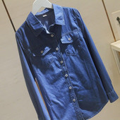 Džinsinė laisvalaikio mėlyna palaidinė pavasario ruduo Korėjos mados moteriškos ilgos rankovės apykaklės marškiniai su dviguba kišene medvilnė