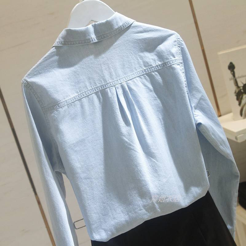 Džinsinė laisvalaikio mėlyna palaidinė pavasario ruduo Korėjos mados moteriškos ilgos rankovės apykaklės marškiniai su dviguba kišene medvilnė
