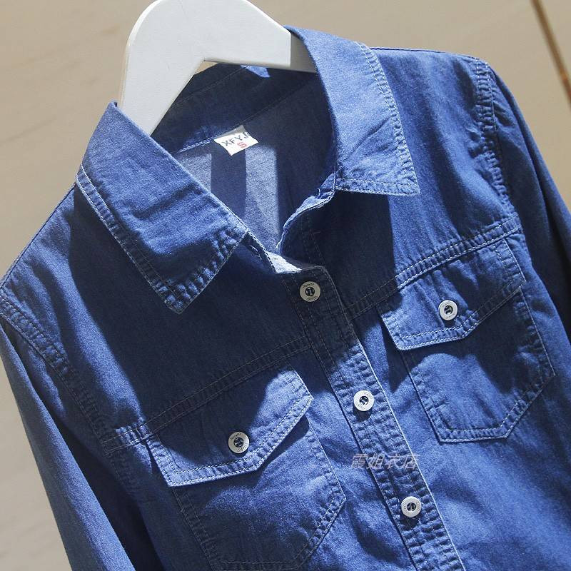 Džinsinė laisvalaikio mėlyna palaidinė pavasario ruduo Korėjos mados moteriškos ilgos rankovės apykaklės marškiniai su dviguba kišene medvilnė