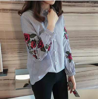 Cămașă de damă de primăvară/toamnă cu flori brodate cu bule cu mânecă lungă cămașă cu rever alb albastru Cămașă elegantă nouă modă pentru femei OL