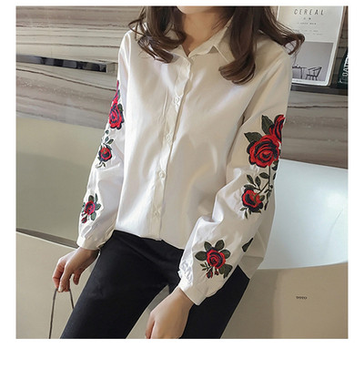 Cămașă de damă de primăvară/toamnă cu flori brodate cu bule cu mânecă lungă cămașă cu rever alb albastru Cămașă elegantă nouă modă pentru femei OL