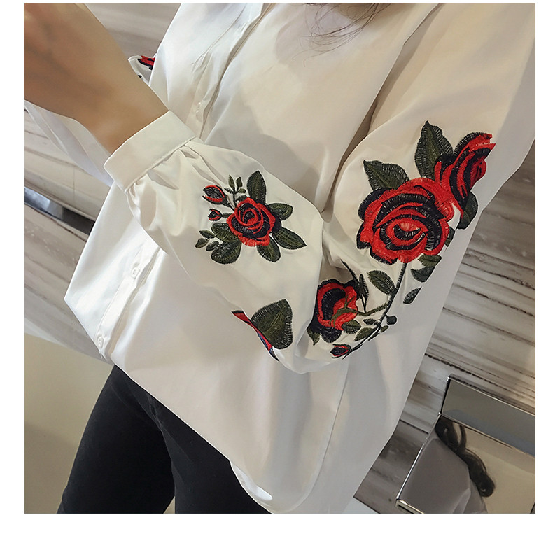 Cămașă de damă de primăvară/toamnă cu flori brodate cu bule cu mânecă lungă cămașă cu rever alb albastru Cămașă elegantă nouă modă pentru femei OL