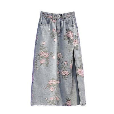 S-5XL Femeie de vară Fuste din blugi cu imprimeu cu flori de mărime Plus la jumătatea gambei, învechite, în linie A, cu furci, cu blugi sexy, fustă Bodycon Oversize 8Z