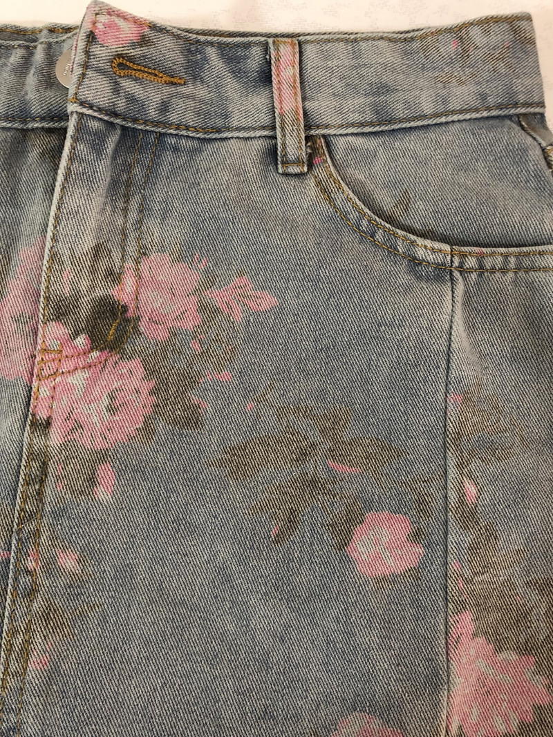 S-5XL Femeie de vară Fuste din blugi cu imprimeu cu flori de mărime Plus la jumătatea gambei, învechite, în linie A, cu furci, cu blugi sexy, fustă Bodycon Oversize 8Z