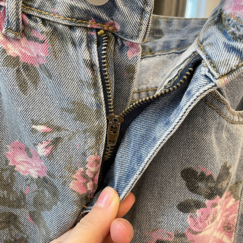 S-5XL Femeie de vară Fuste din blugi cu imprimeu cu flori de mărime Plus la jumătatea gambei, învechite, în linie A, cu furci, cu blugi sexy, fustă Bodycon Oversize 8Z