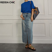 REDDACHiC Casual μονόχρωμη γυναικεία μάξι τζιν φούστα με σχίσιμο μπροστά μακριά τζιν φούστα Plus μέγεθος Κορεάτικο κομψό Vintage Y2K Streetwear