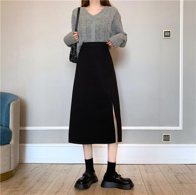 Καφέ Φούστες Γυναικείες Mid College Φούστα σε γραμμή Α με σπαστό στο πλάι ψηλόμεσο Κορεάτικο στυλ OL Plus Size Streetwear Chic γυναικείο κάτω