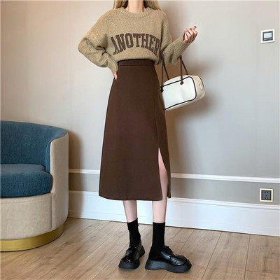 Καφέ Φούστες Γυναικείες Mid College Φούστα σε γραμμή Α με σπαστό στο πλάι ψηλόμεσο Κορεάτικο στυλ OL Plus Size Streetwear Chic γυναικείο κάτω