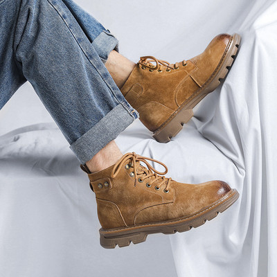 Cizme casual pentru bărbați în stil britanic pantofi din piele de porc în aer liber cizme cu platformă de cowboy pentru drumeții instrumente de călătorie