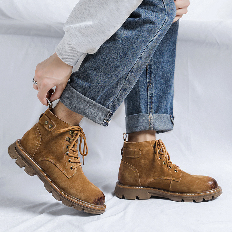 Cizme casual pentru bărbați în stil britanic pantofi din piele de porc în aer liber cizme cu platformă de cowboy pentru drumeții instrumente de călătorie