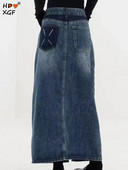 Plus Size 5xl Μπλε τζιν σπαστή φούστα Φθινόπωρο Χειμώνας Κουμπί Ψηλόμεσο Συνονθύλευμα Φούστα Α σε γραμμή Streetwear Γυναικείες Κομψές μακριές φούστες
