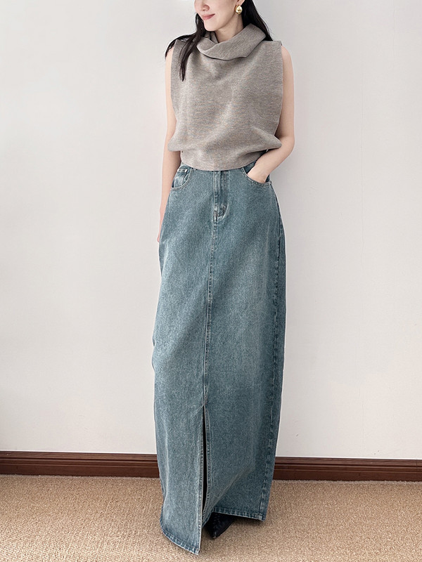 ReddaChic duga traper suknja s prednjim prorezom, plus veličina, prikladna za visoke djevojke, korejska, moderna, ležerna, obična traper suknja, midi, maksi haljina u pod