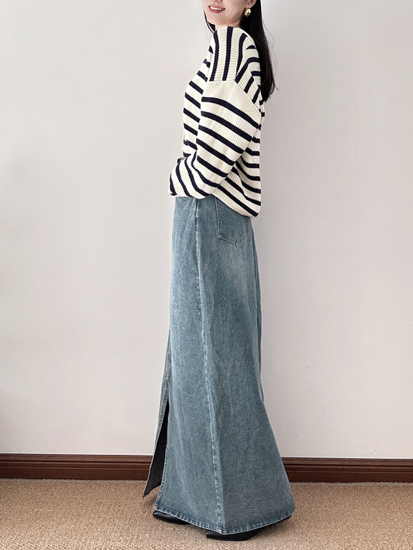 ReddaChic duga traper suknja s prednjim prorezom, plus veličina, prikladna za visoke djevojke, korejska, moderna, ležerna, obična traper suknja, midi, maksi haljina u pod