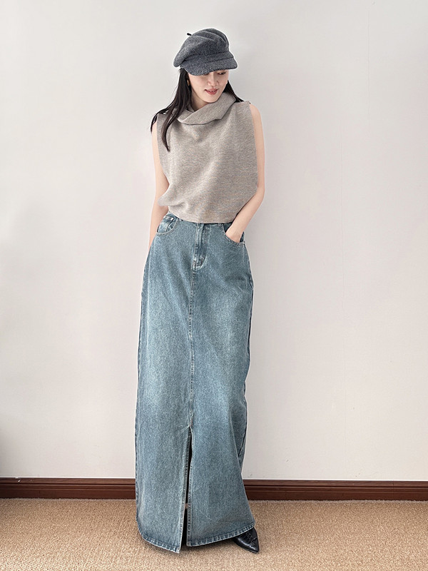 ReddaChic duga traper suknja s prednjim prorezom, plus veličina, prikladna za visoke djevojke, korejska, moderna, ležerna, obična traper suknja, midi, maksi haljina u pod