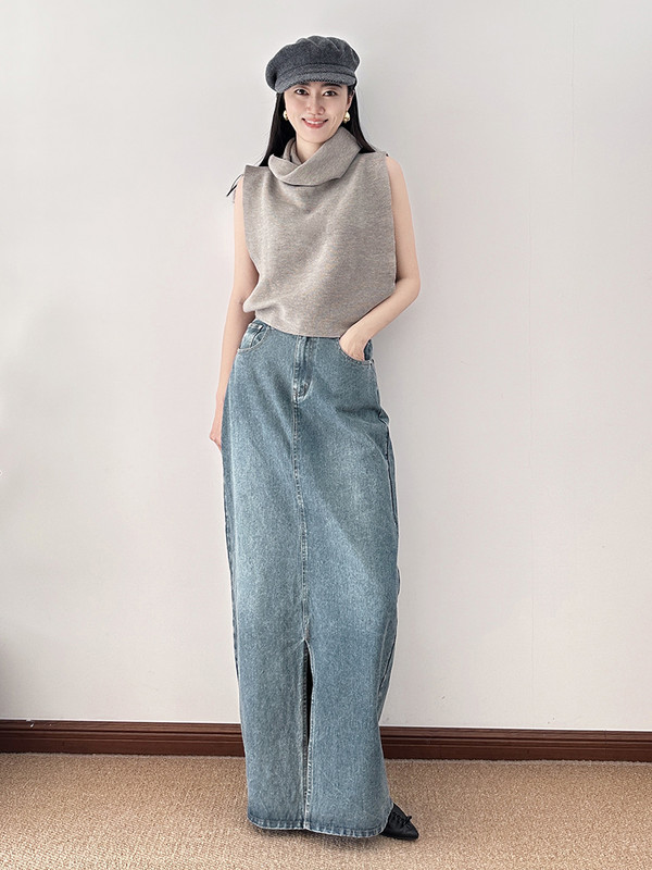 ReddaChic duga traper suknja s prednjim prorezom, plus veličina, prikladna za visoke djevojke, korejska, moderna, ležerna, obična traper suknja, midi, maksi haljina u pod