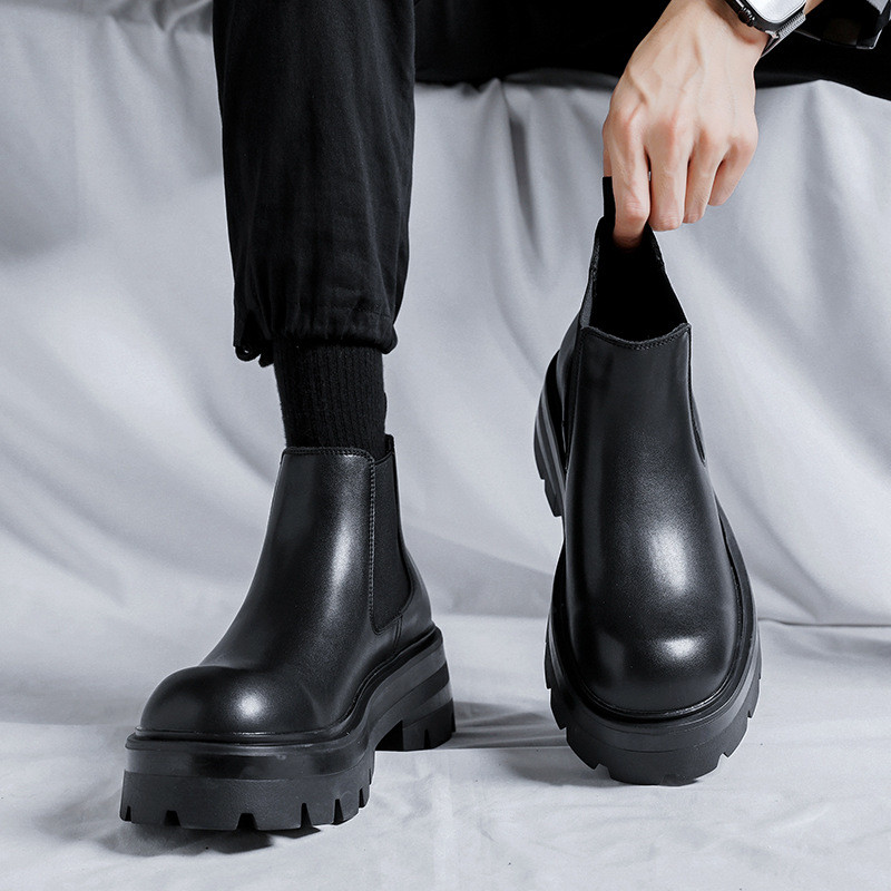 cizme casual pentru bărbați cu platformă, negru, elegant, pantofi originali din piele, rochie de birou de afaceri, cizme de cowboy chelsea boot cool glezna