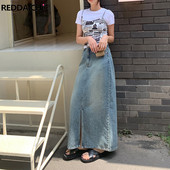 REDDACHiC za visoke djevojke, ležerna obična traper suknja s prednjim prorezom Ženske maksi duge traperice, donji dio velike veličine, ulična odjeća u korejskom stilu