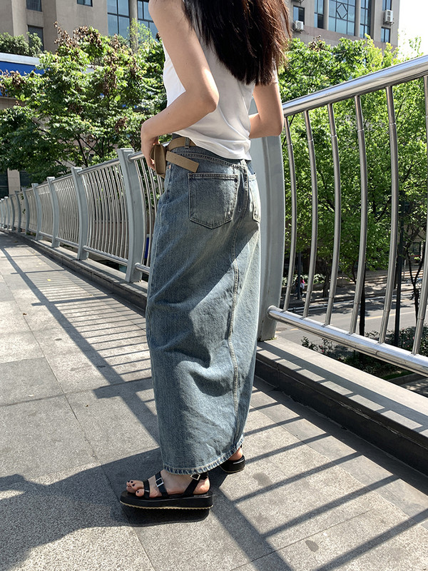 REDDACHiC za visoke djevojke, ležerna obična traper suknja s prednjim prorezom Ženske maksi duge traperice, donji dio velike veličine, ulična odjeća u korejskom stilu