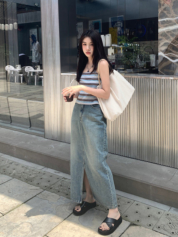 REDDACHiC za visoke djevojke, ležerna obična traper suknja s prednjim prorezom Ženske maksi duge traperice, donji dio velike veličine, ulična odjeća u korejskom stilu