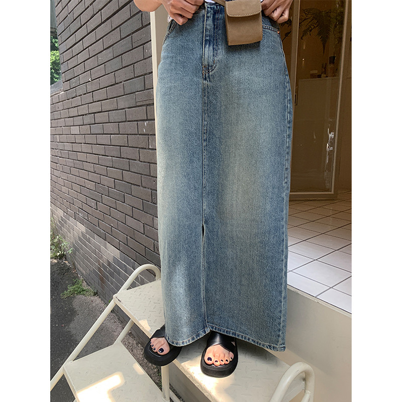 REDDACHiC za visoke djevojke, ležerna obična traper suknja s prednjim prorezom Ženske maksi duge traperice, donji dio velike veličine, ulična odjeća u korejskom stilu