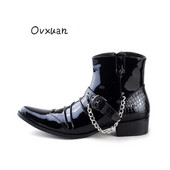 Retro lakirane čizme Chelsea s izrezbarenim remenom, zakovicama, željeznim lancem, čizme za jahanje, muške čizme sa šiljatim prstima, rock scenske cipele, West Cowboy Botas