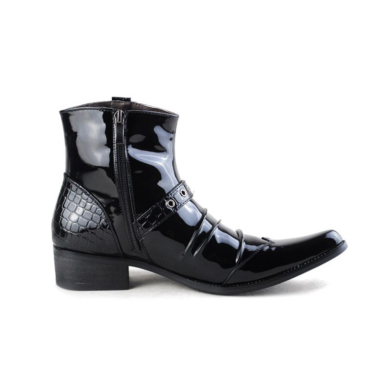 Retro lakirane čizme Chelsea s izrezbarenim remenom, zakovicama, željeznim lancem, čizme za jahanje, muške čizme sa šiljatim prstima, rock scenske cipele, West Cowboy Botas