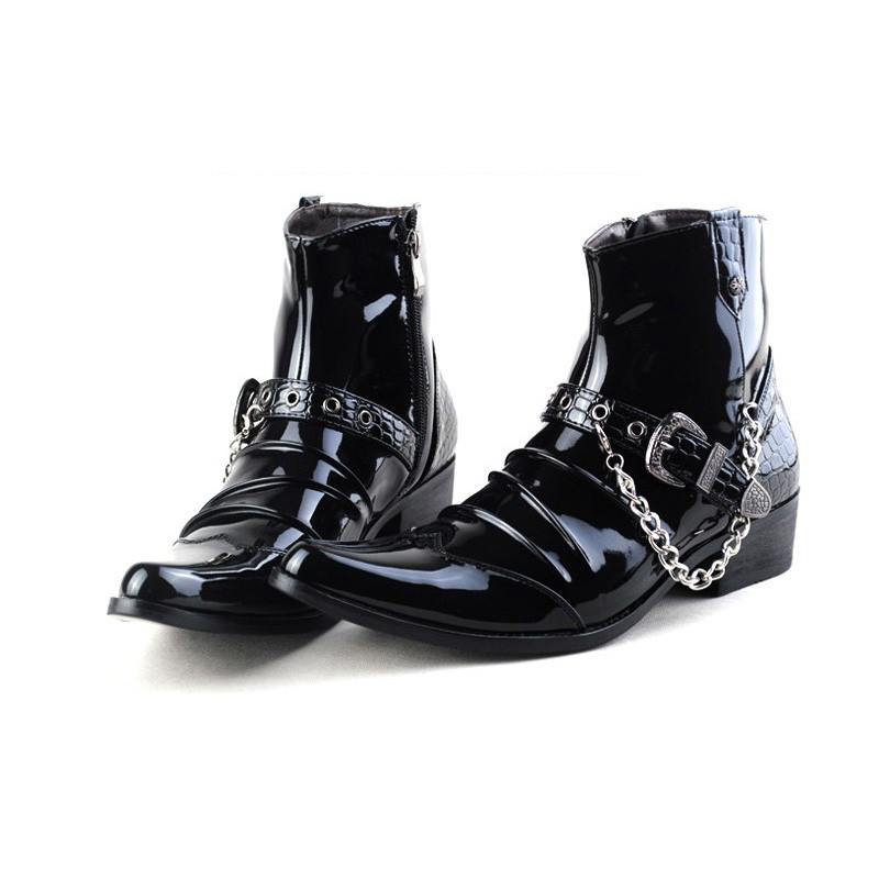 Retro lakirane čizme Chelsea s izrezbarenim remenom, zakovicama, željeznim lancem, čizme za jahanje, muške čizme sa šiljatim prstima, rock scenske cipele, West Cowboy Botas