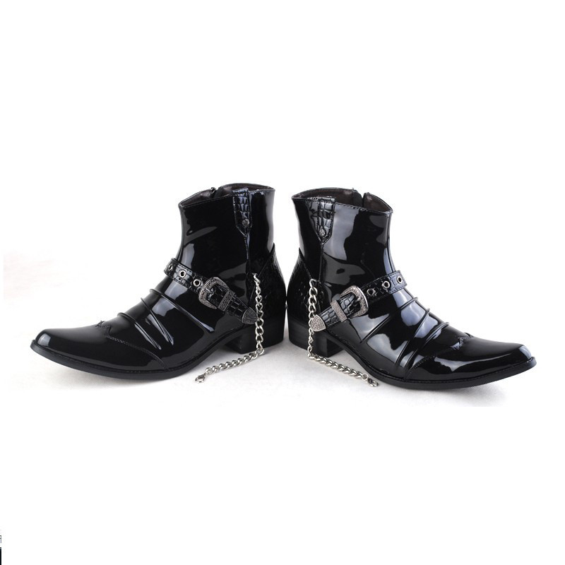 Retro lakirane čizme Chelsea s izrezbarenim remenom, zakovicama, željeznim lancem, čizme za jahanje, muške čizme sa šiljatim prstima, rock scenske cipele, West Cowboy Botas