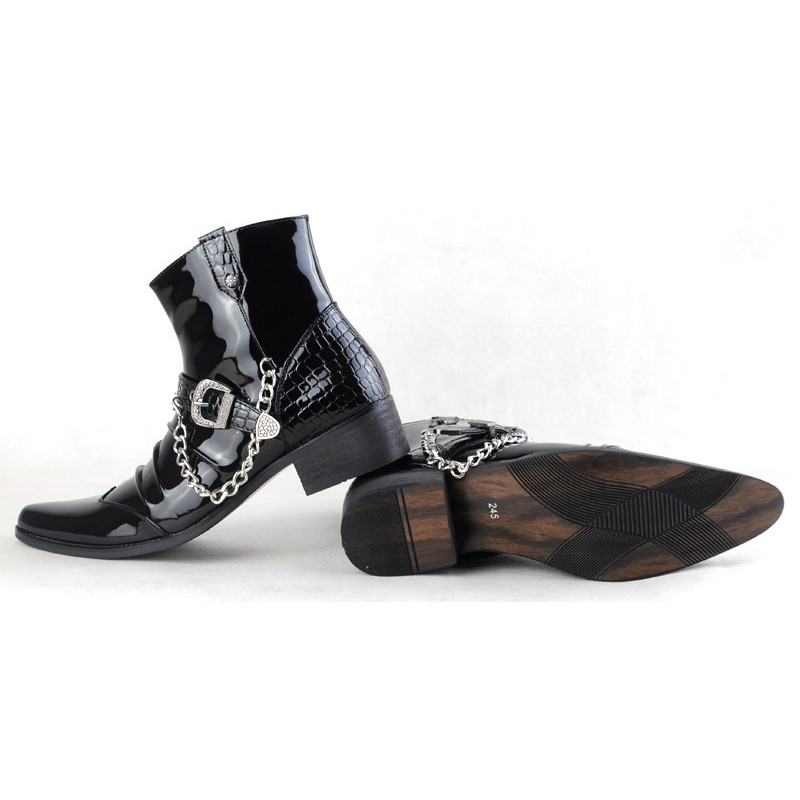 Retro lakirane čizme Chelsea s izrezbarenim remenom, zakovicama, željeznim lancem, čizme za jahanje, muške čizme sa šiljatim prstima, rock scenske cipele, West Cowboy Botas