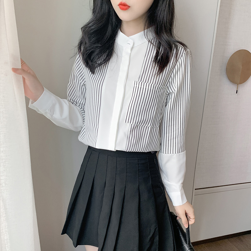 Cămăși pentru femei în dungi albe, cu îmbinare, bluze pentru femei, toamnă, cu mâneci lungi, bluză din șifon, vintage Ropa De Mujer 10902