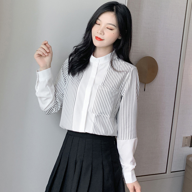 Cămăși pentru femei în dungi albe, cu îmbinare, bluze pentru femei, toamnă, cu mâneci lungi, bluză din șifon, vintage Ropa De Mujer 10902