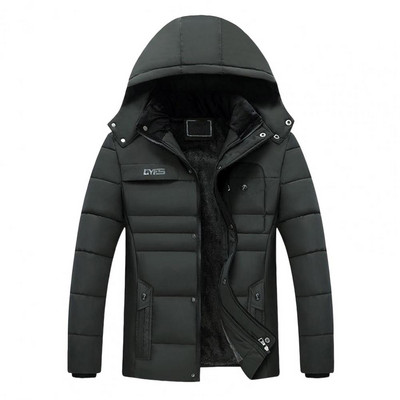 Pánsky kabát s kapucňou, zimný trendy bavlnený polstrovaný plyšový podšívkový jednofarebný vetrovka, pánsky termo kabát, chladuvzdorná bunda s kapucňou, vrchné oblečenie