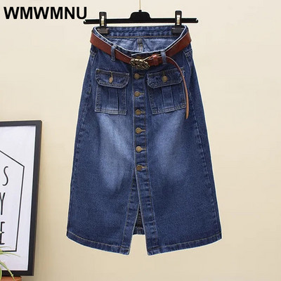 Korean koos vööga Baggy Plus Size 4XL Button Fly A-joonega kesksääre teksaseelikud Naiste tänavarõivad Elegantne kõrge vöökohaga kauboi seelik