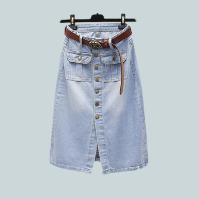 Korean koos vööga Baggy Plus Size 4XL Button Fly A-joonega kesksääre teksaseelikud Naiste tänavarõivad Elegantne kõrge vöökohaga kauboi seelik