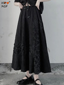 Tänavarõivad Plus Size 4xl 3d lilledega must pikk seelik Korea mood elastne kõrge vöökohaga A-line seelik Elegantne naiste plisseeritud seelikud