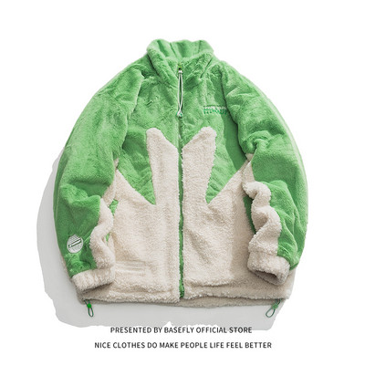 Χειμωνιάτικο χοντρό ζεστό γράμμα Κέντημα σφενδάμου φύλλου αρνιού γούνα προβάτου σαν ανδρικό παλτό βομβαρδιστικό Unisex Γυναικείο μπουφάν Ψηλό Streetwear Ζευγάρι