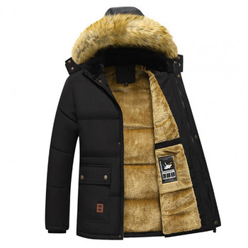 2023 New Men Winter Parka Fleece Παλτό με χοντρό γιακά με κουκούλα, ανδρικό μέγεθος 5XL, βελούδινο μπουφάν Φθινοπωρινής εργασίας, Μαύρο