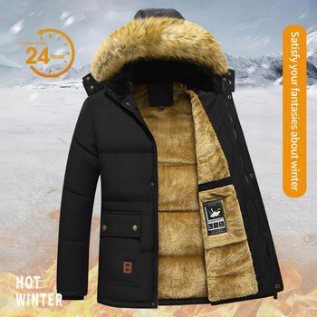 2023 New Men Winter Parka Fleece Παλτό με χοντρό γιακά με κουκούλα, ανδρικό μέγεθος 5XL, βελούδινο μπουφάν Φθινοπωρινής εργασίας, Μαύρο