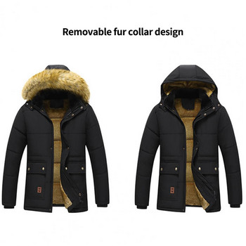 2023 New Men Winter Parka Fleece Παλτό με χοντρό γιακά με κουκούλα, ανδρικό μέγεθος 5XL, βελούδινο μπουφάν Φθινοπωρινής εργασίας, Μαύρο