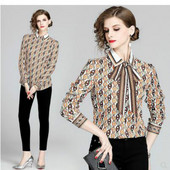 Ευρωπαϊκό σχέδιο μόδας νέες γυναικείες αλυσίδες στάμπα με γιακά φιόγκο μπαλωμένο μακρυμάνικο πουκάμισο μπλούζα MLXLXXL