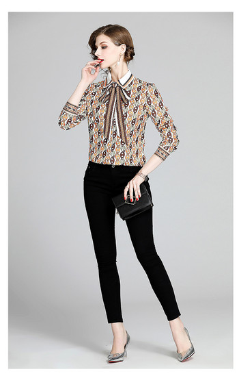 Европейски моден дизайн, нови дамски вериги, щампа с обърната яка и панделка, блуза с дълги ръкави, риза MLXLXXL