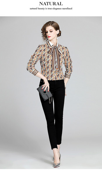Ευρωπαϊκό σχέδιο μόδας νέες γυναικείες αλυσίδες στάμπα με γιακά φιόγκο μπαλωμένο μακρυμάνικο πουκάμισο μπλούζα MLXLXXL