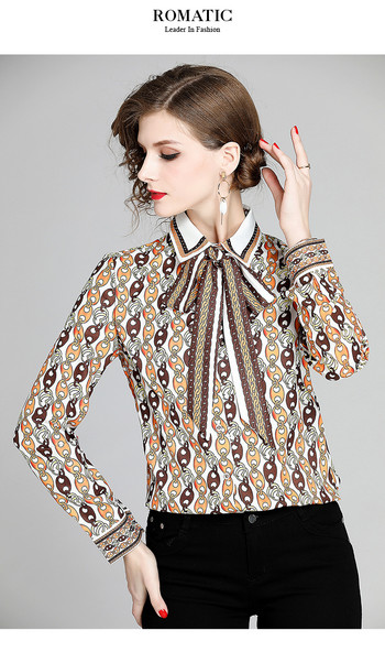 Ευρωπαϊκό σχέδιο μόδας νέες γυναικείες αλυσίδες στάμπα με γιακά φιόγκο μπαλωμένο μακρυμάνικο πουκάμισο μπλούζα MLXLXXL