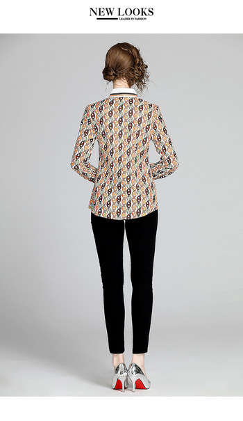 Европейски моден дизайн, нови дамски вериги, щампа с обърната яка и панделка, блуза с дълги ръкави, риза MLXLXXL