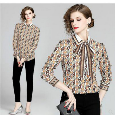 Ευρωπαϊκό σχέδιο μόδας νέες γυναικείες αλυσίδες στάμπα με γιακά φιόγκο μπαλωμένο μακρυμάνικο πουκάμισο μπλούζα MLXLXXL