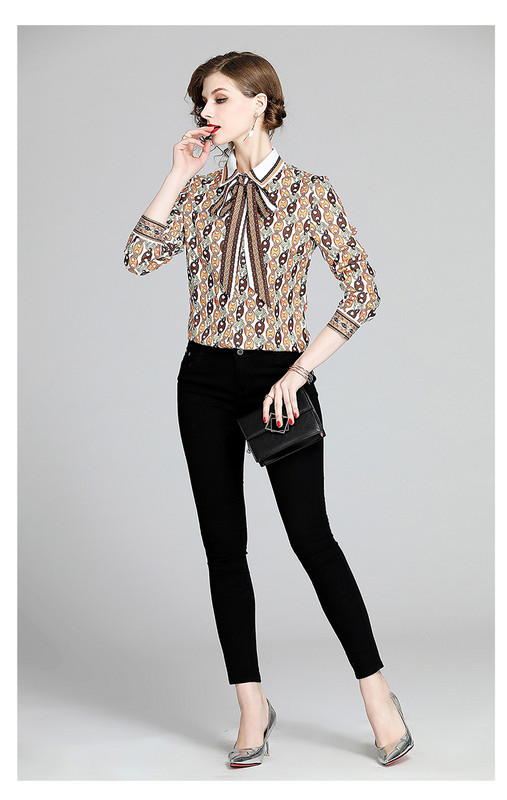 Ευρωπαϊκό σχέδιο μόδας νέες γυναικείες αλυσίδες στάμπα με γιακά φιόγκο μπαλωμένο μακρυμάνικο πουκάμισο μπλούζα MLXLXXL