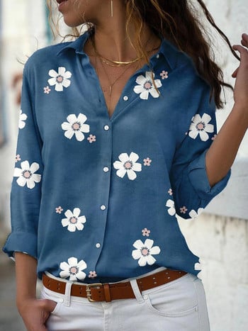 2023 Пролет Лято Ризи за жени Блузи Модни офис топове с флорални щампи Винтидж широка риза с ревери с дълъг ръкав Blusas Mujer
