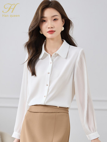 H Han Queen Autumn Basic Κομψό Λευκό Επαγγελματικό Φανάρι Blusas Vintage Μπλούζες από σιφόν Μπλούζα Γυναικεία φαρδιά casual πουκάμισα
